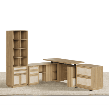 63" desk+73" Bookshelf+2 Drawers / Rattan - Light Walnut - 