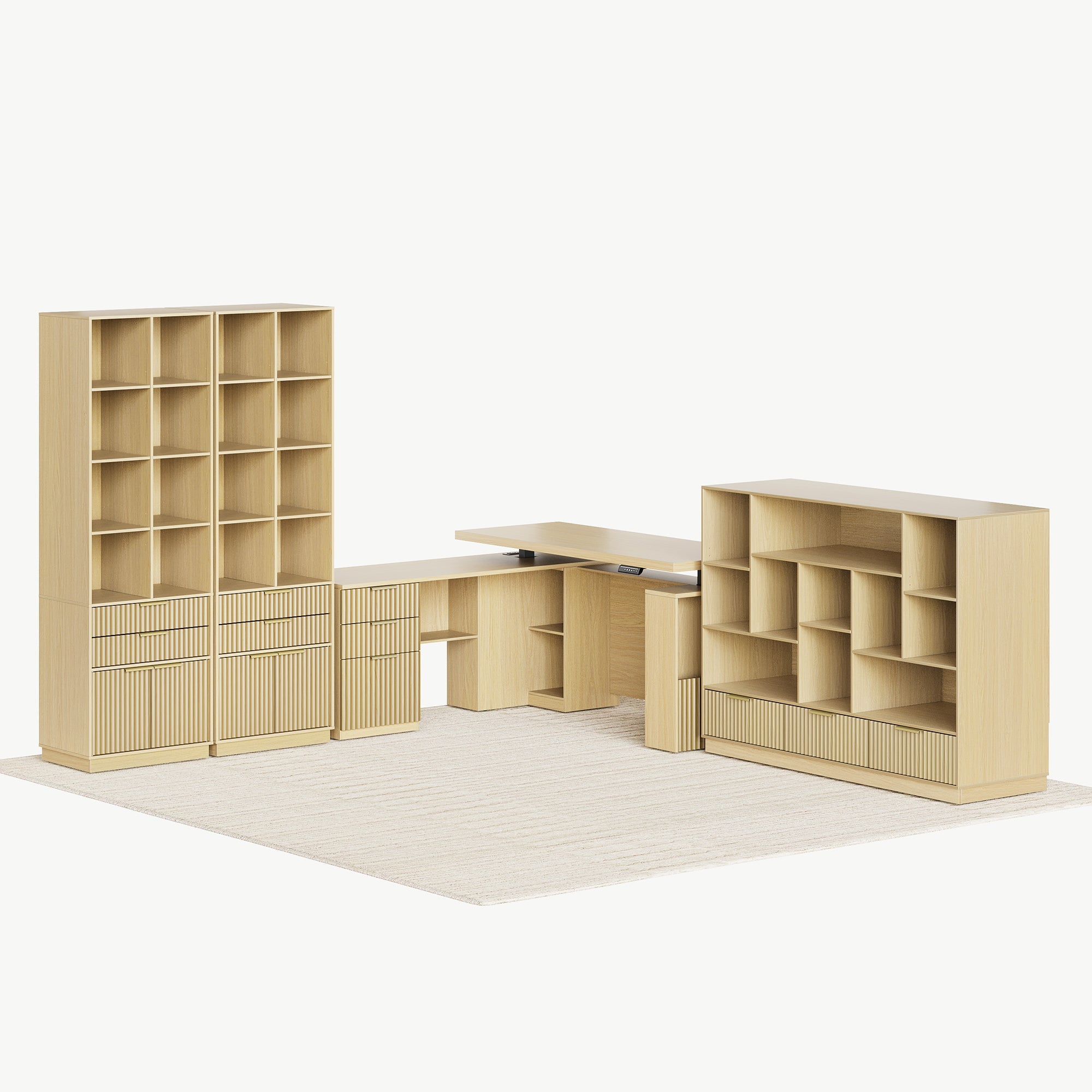 63" desk+Dual 73" Bookshelf+60" Wide Bookshelf/ Fluted - Natural Oak - 