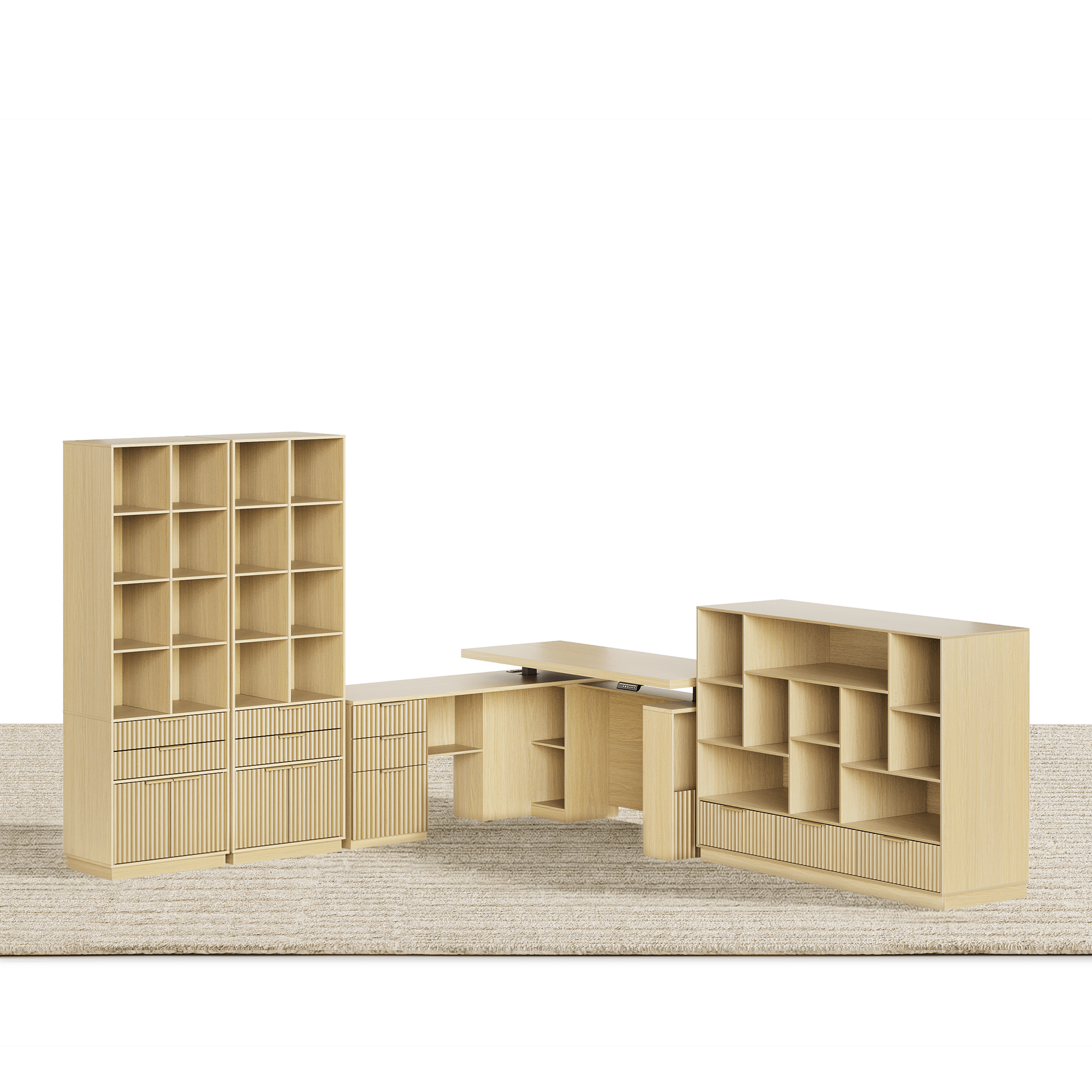 63" desk+Dual 73" Bookshelf+60" Wide Bookshelf/ Fluted - Natural Oak - 