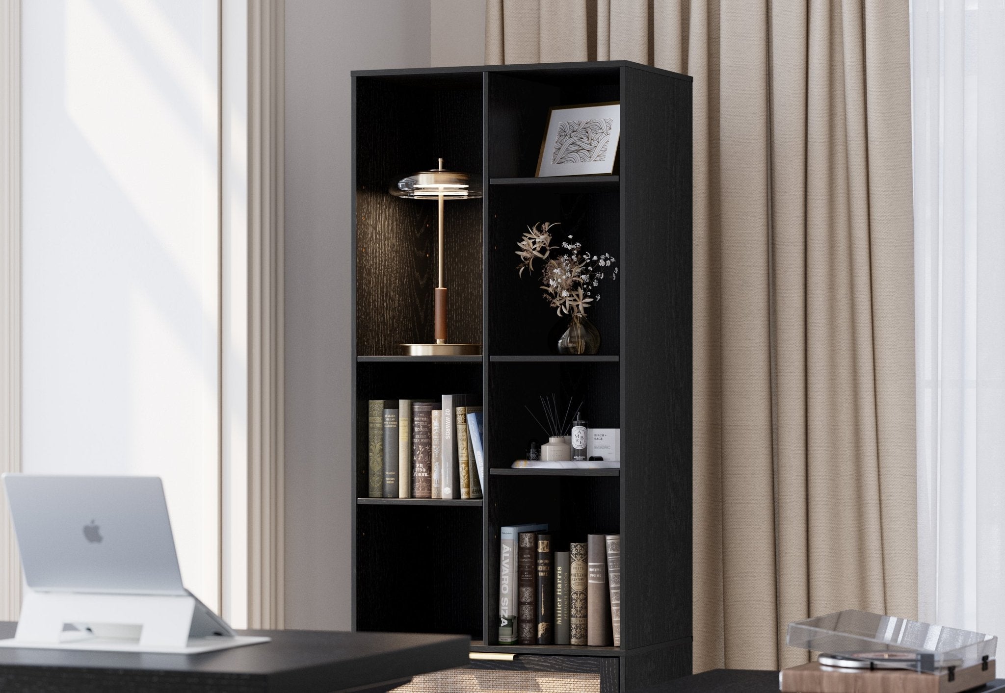 63" desk+Dual 73" Bookshelf+60" Wide Bookshelf / Rattan - Black - 