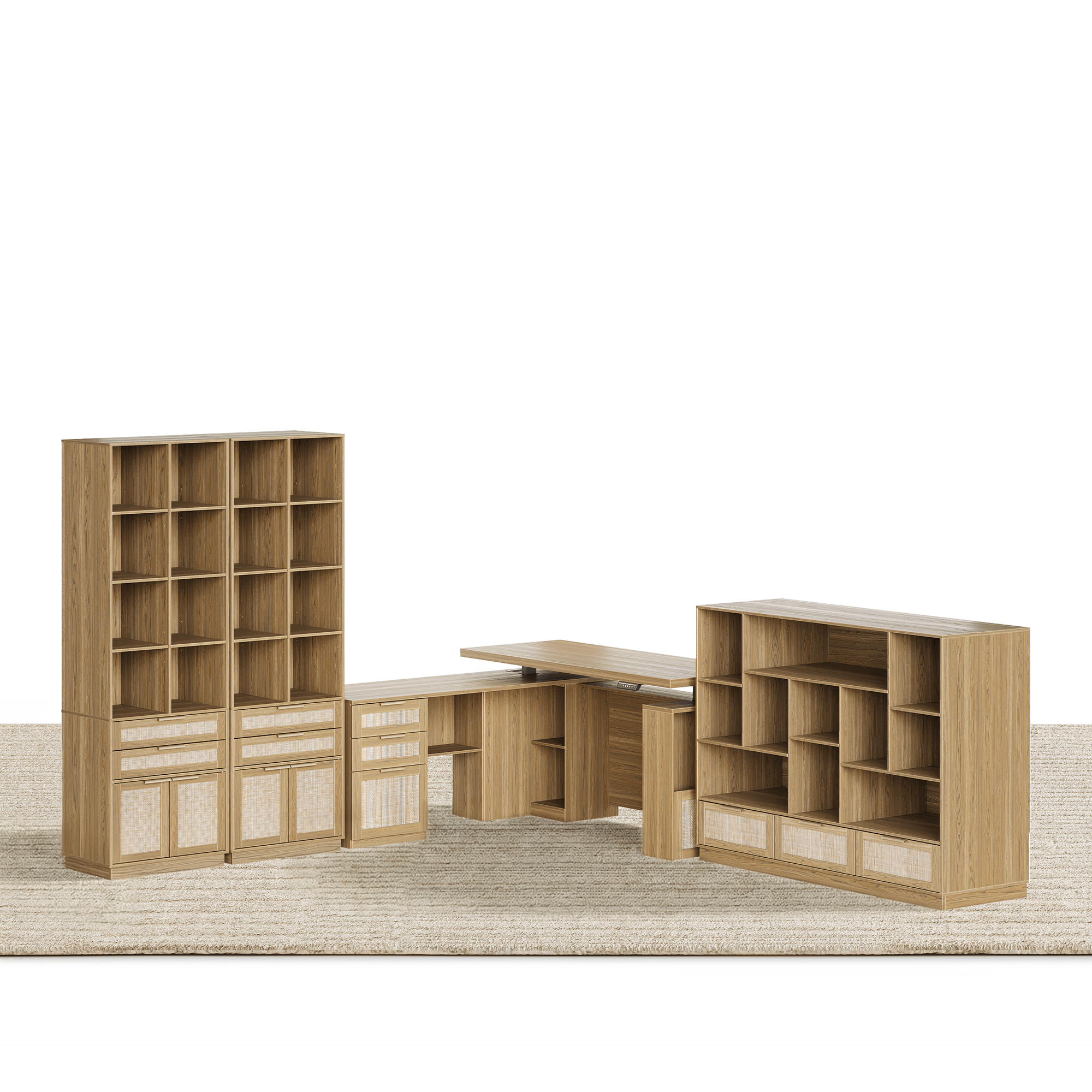 63" desk+Dual 73" Bookshelf+60" Wide Bookshelf / Rattan - Light Walnut - 