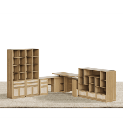 63" desk+Dual 73" Bookshelf+60" Wide Bookshelf / Rattan - Light Walnut - 