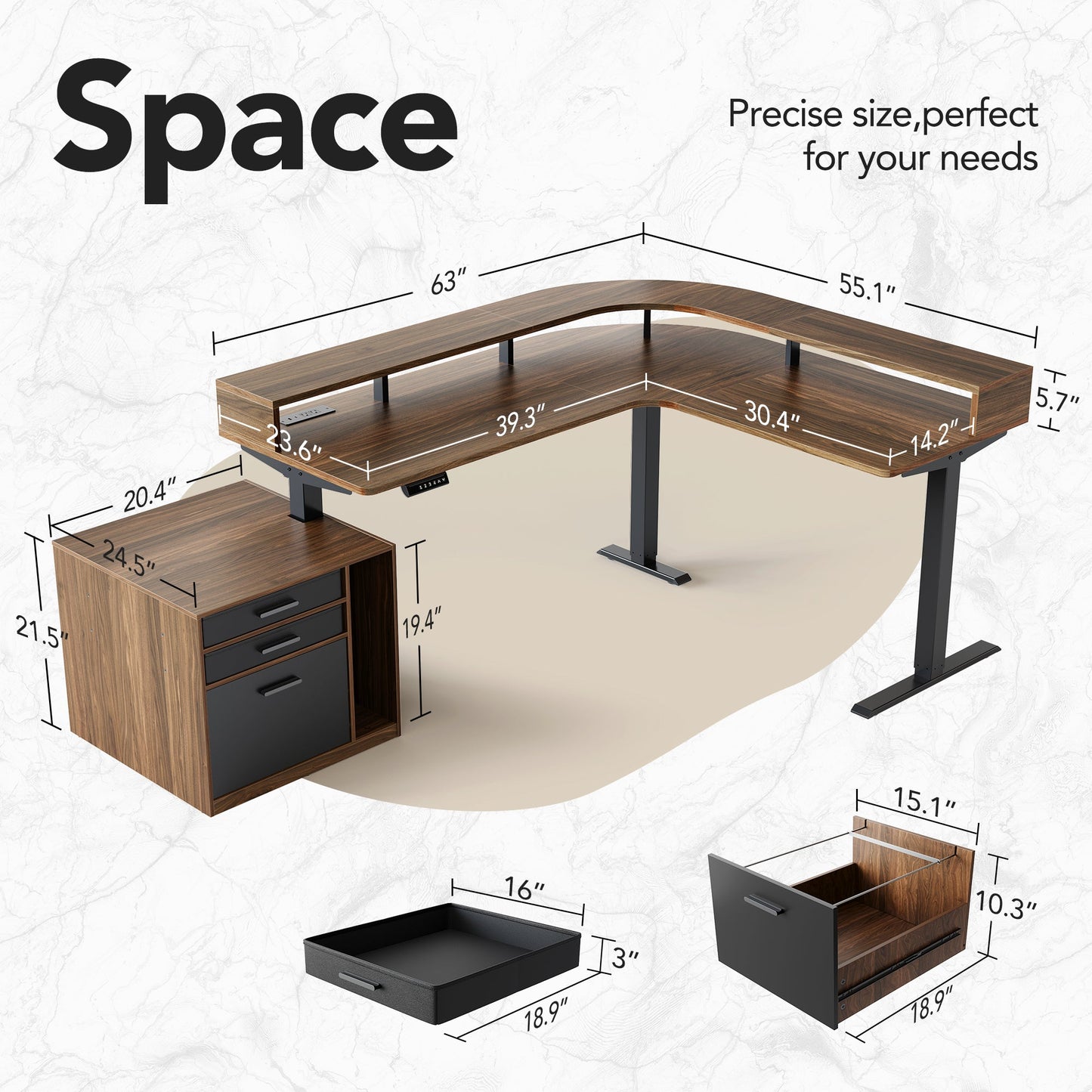 63" Electric L Shaped Stadning Desk with LED Strip & Cabinet - Light Walnut