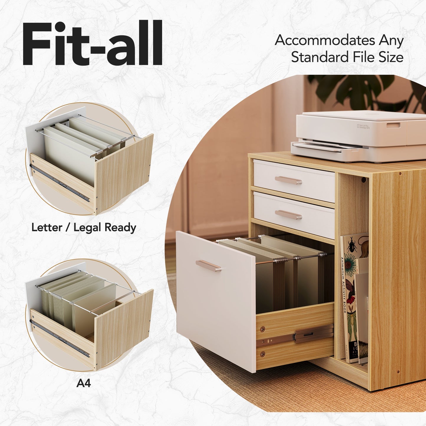 63" Electric L Shaped Stadning Desk with LED Strip & Cabinet - Light Walnut