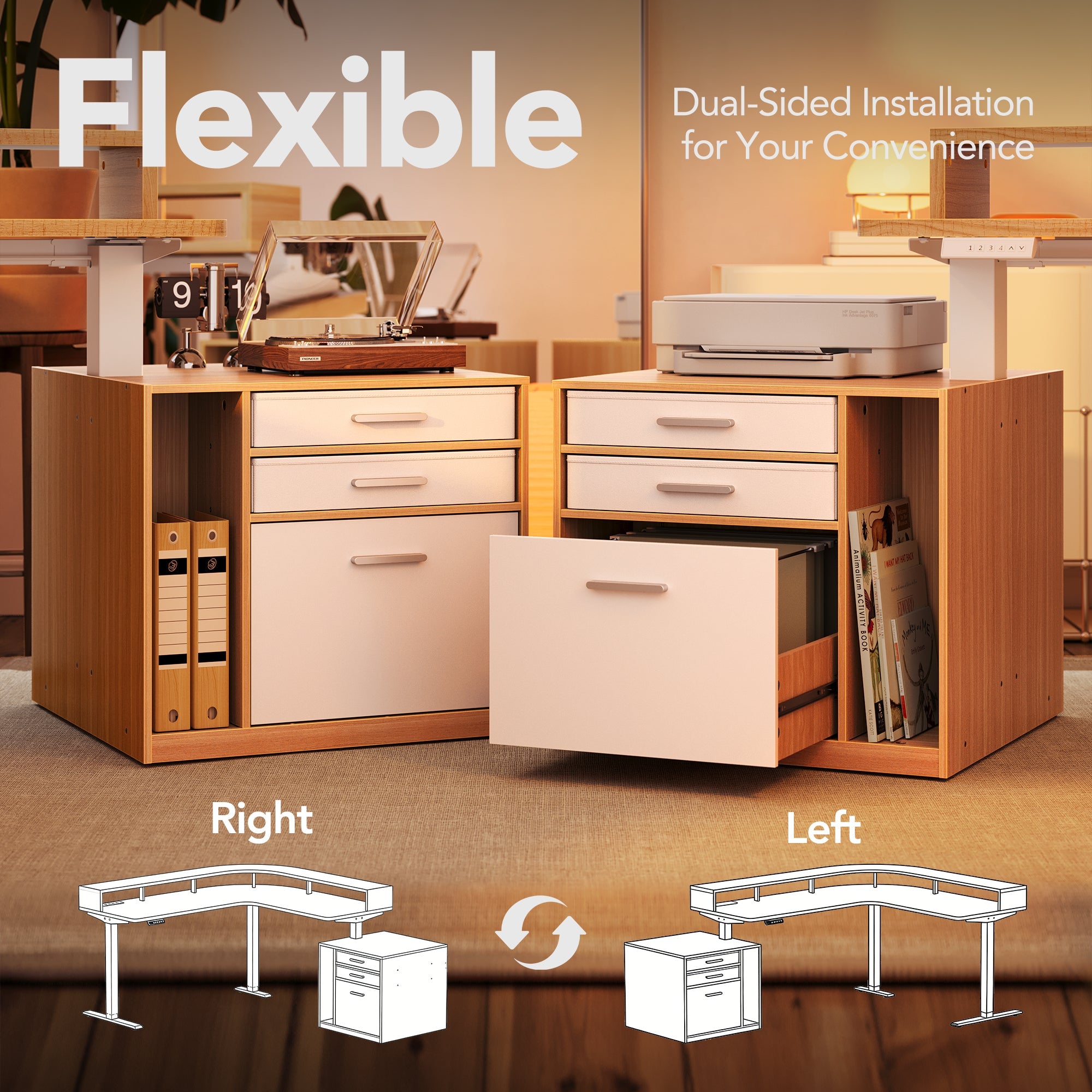 63" Electric L Shaped Stadning Desk with LED Strip & Cabinet - Light Walnut