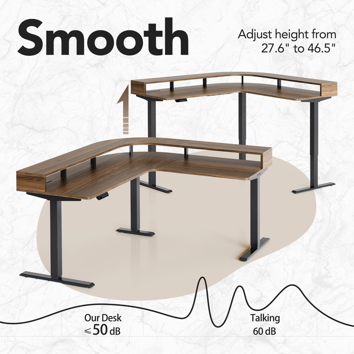 63" Electric L Shaped Stadning Desk with LED Strip & Cabinet - Light Walnut