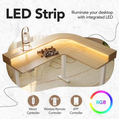 63" Electric L Shaped Stadning Desk with LED Strip & Cabinet - Light Walnut