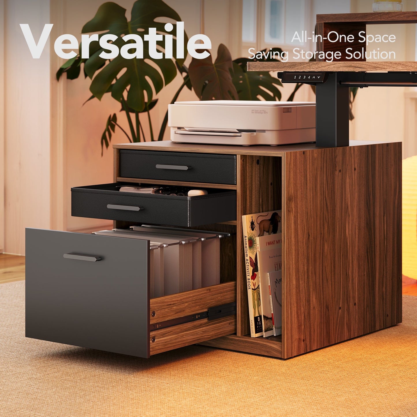 63" Electric L Shaped Stadning Desk with LED Strip & Cabinet - Light Walnut