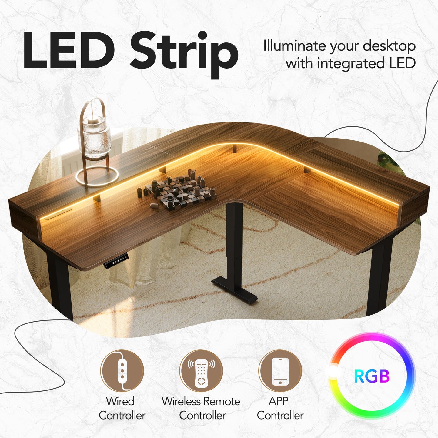 63" Electric L Shaped Stadning Desk with LED Strip & Cabinet - Light Walnut