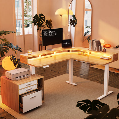 63" Electric L Shaped Stadning Desk with LED Strip & Cabinet - Light Walnut