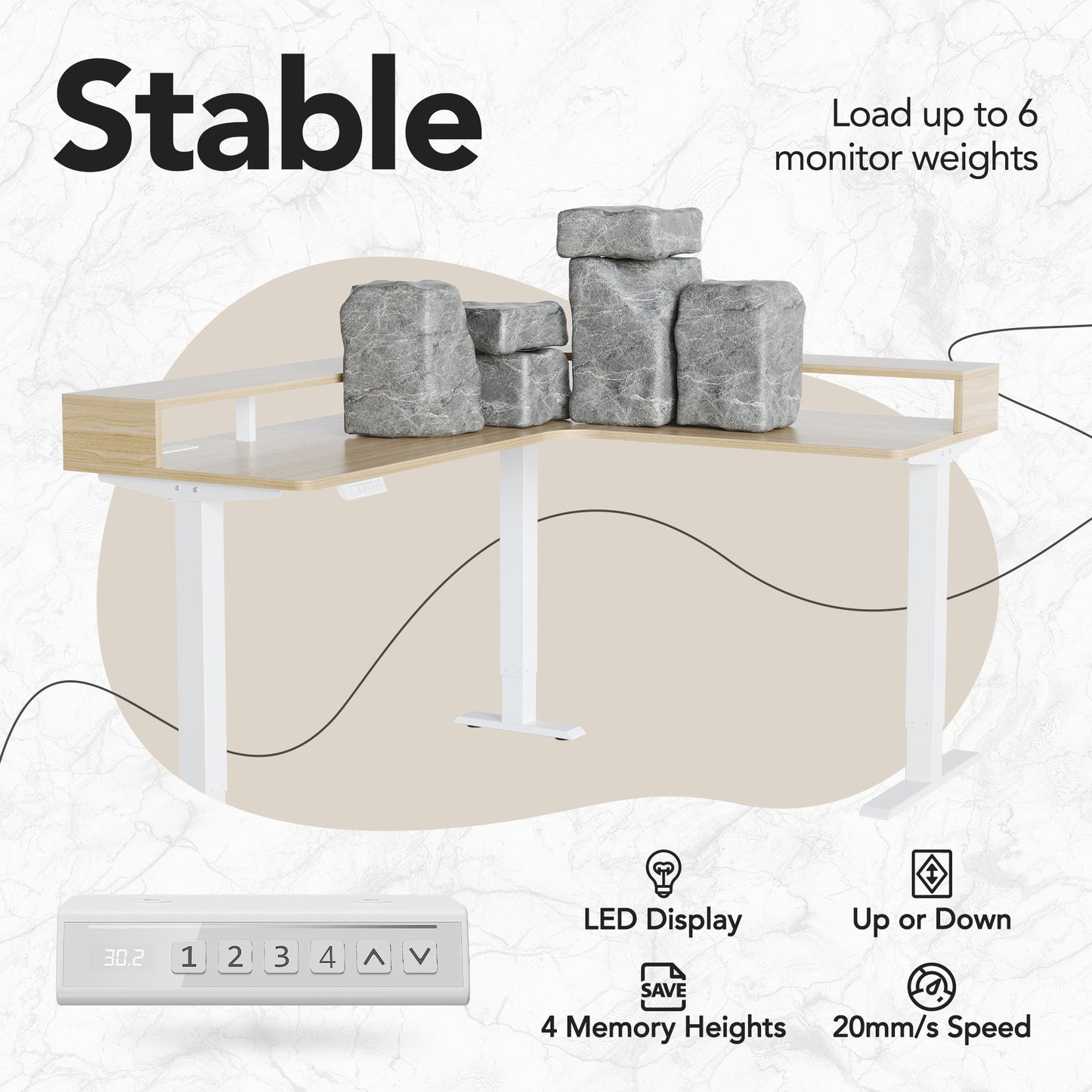 63" Electric L Shaped Stadning Desk with LED Strip & Cabinet - Light Walnut
