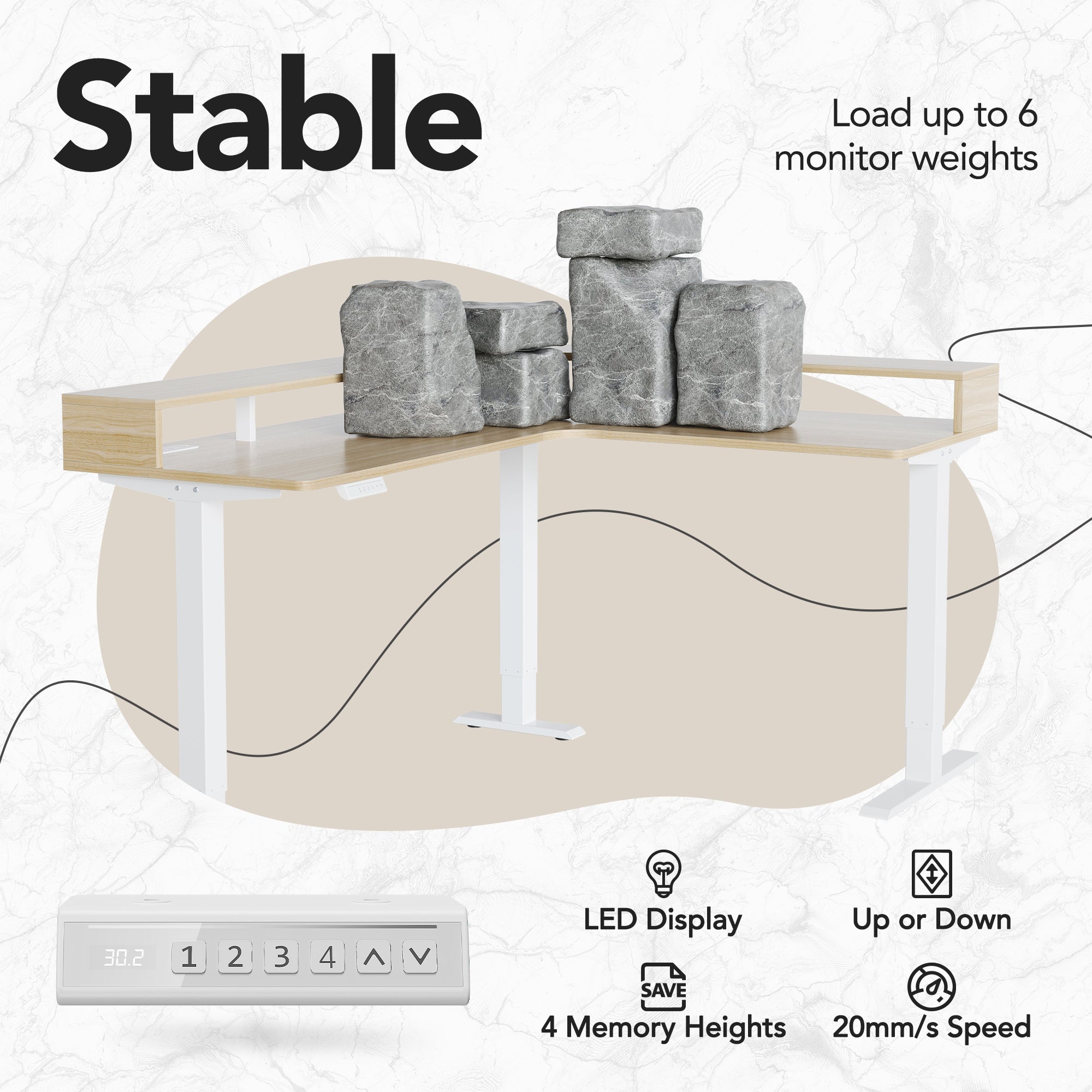 63" Electric L Shaped Stadning Desk with LED Strip & Cabinet - Light Walnut