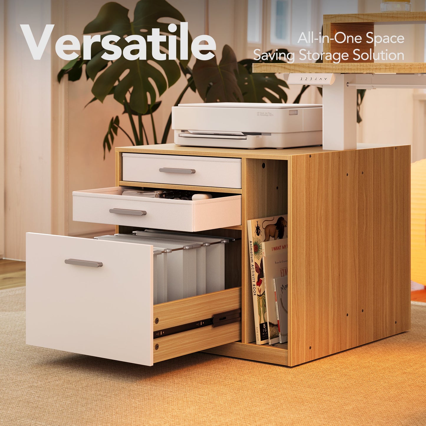 63" Electric L Shaped Stadning Desk with LED Strip & Cabinet - Light Walnut