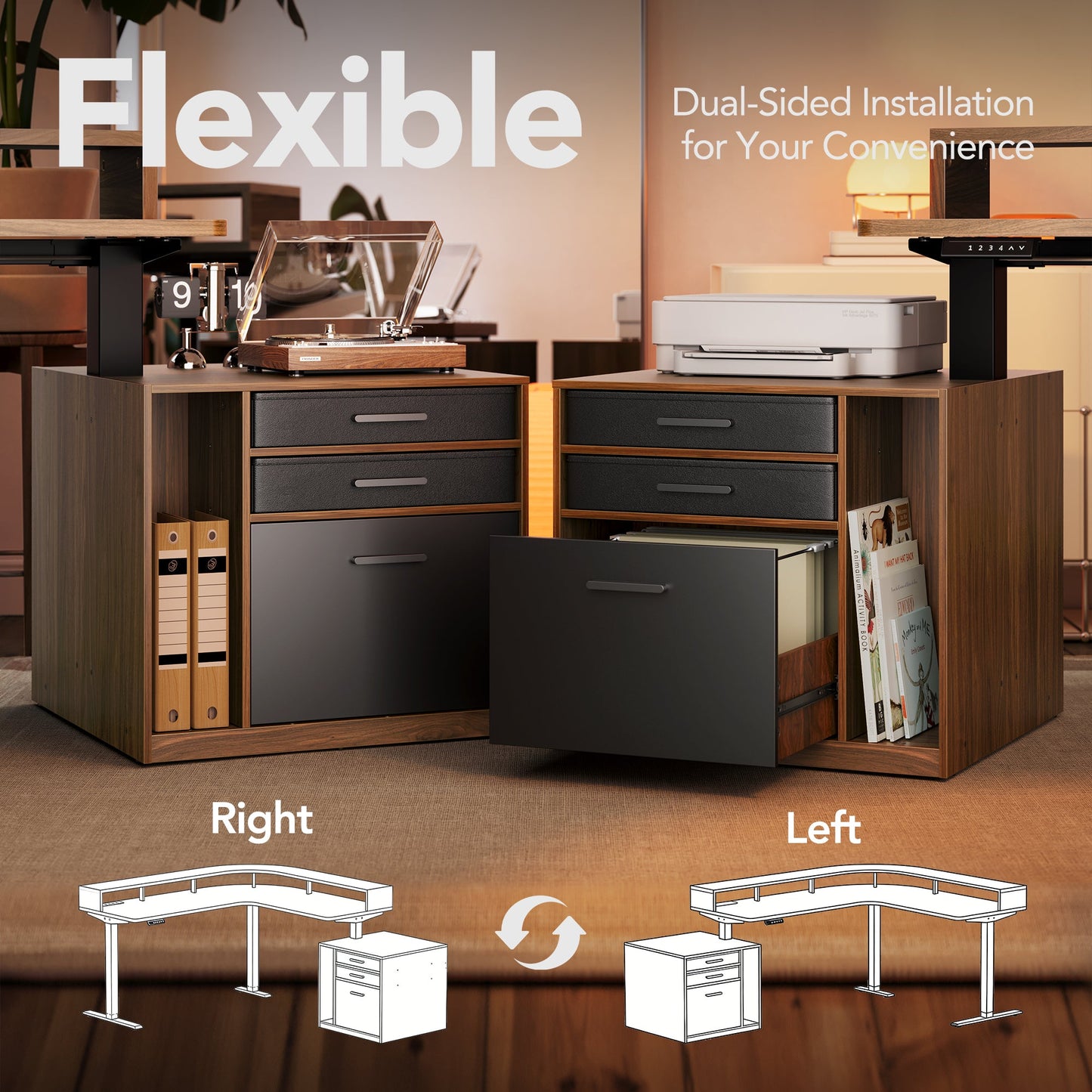 63" Electric L Shaped Stadning Desk with LED Strip & Cabinet - Light Walnut