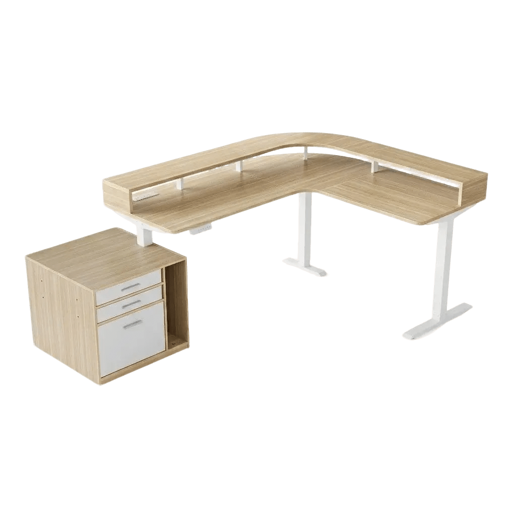 63" Electric L Shaped Stadning Desk with LED Strip & Cabinet - Light Walnut
