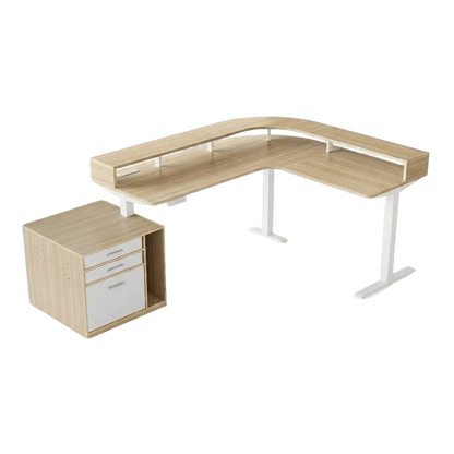 63" Electric L Shaped Stadning Desk with LED Strip & Cabinet - Light Walnut