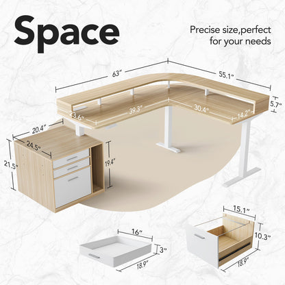 63" Electric L Shaped Stadning Desk with LED Strip & Cabinet - Light Walnut