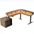 63" Electric L Shaped Stadning Desk with LED Strip & Cabinet - Walnut