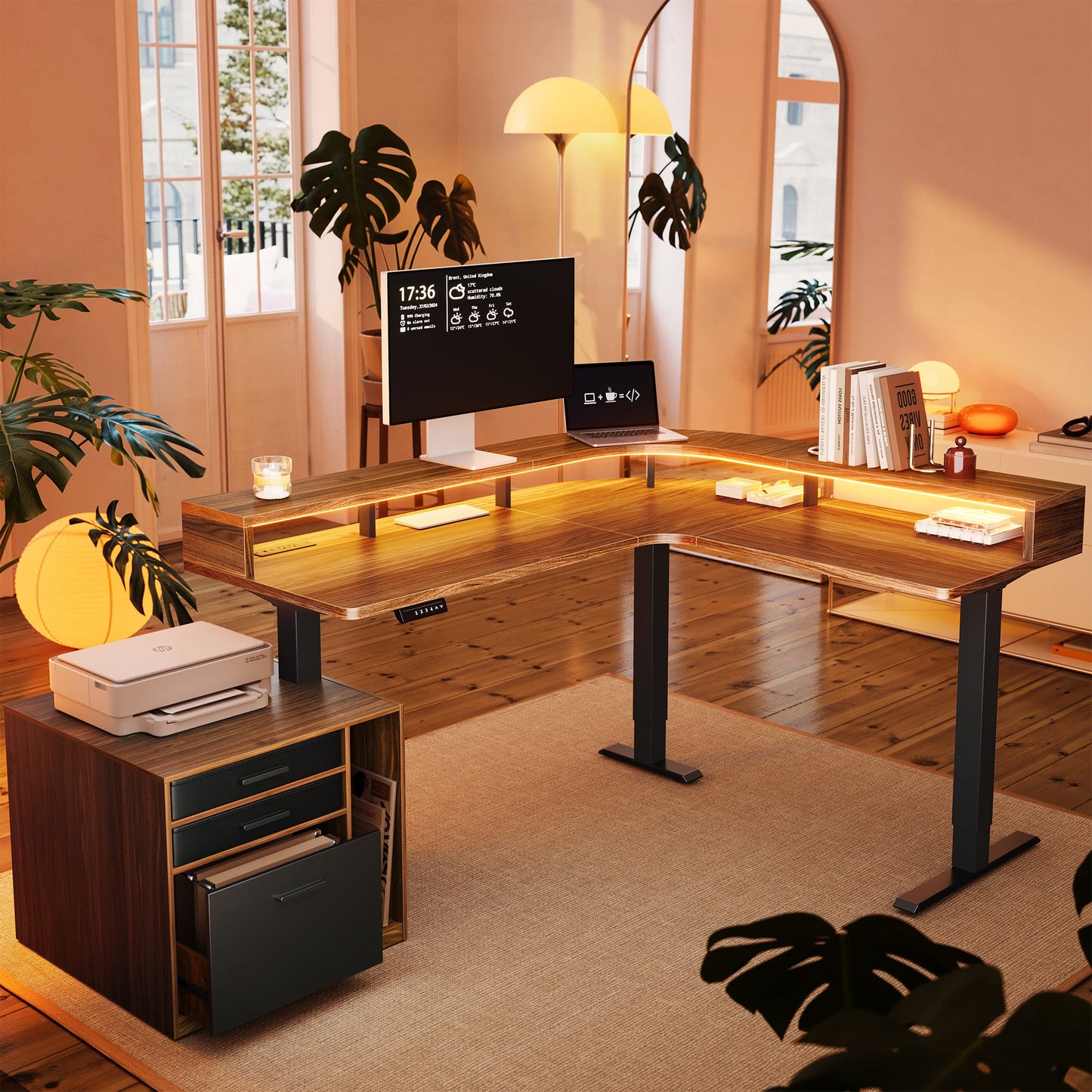 63" Electric L Shaped Stadning Desk with LED Strip & Cabinet - Walnut