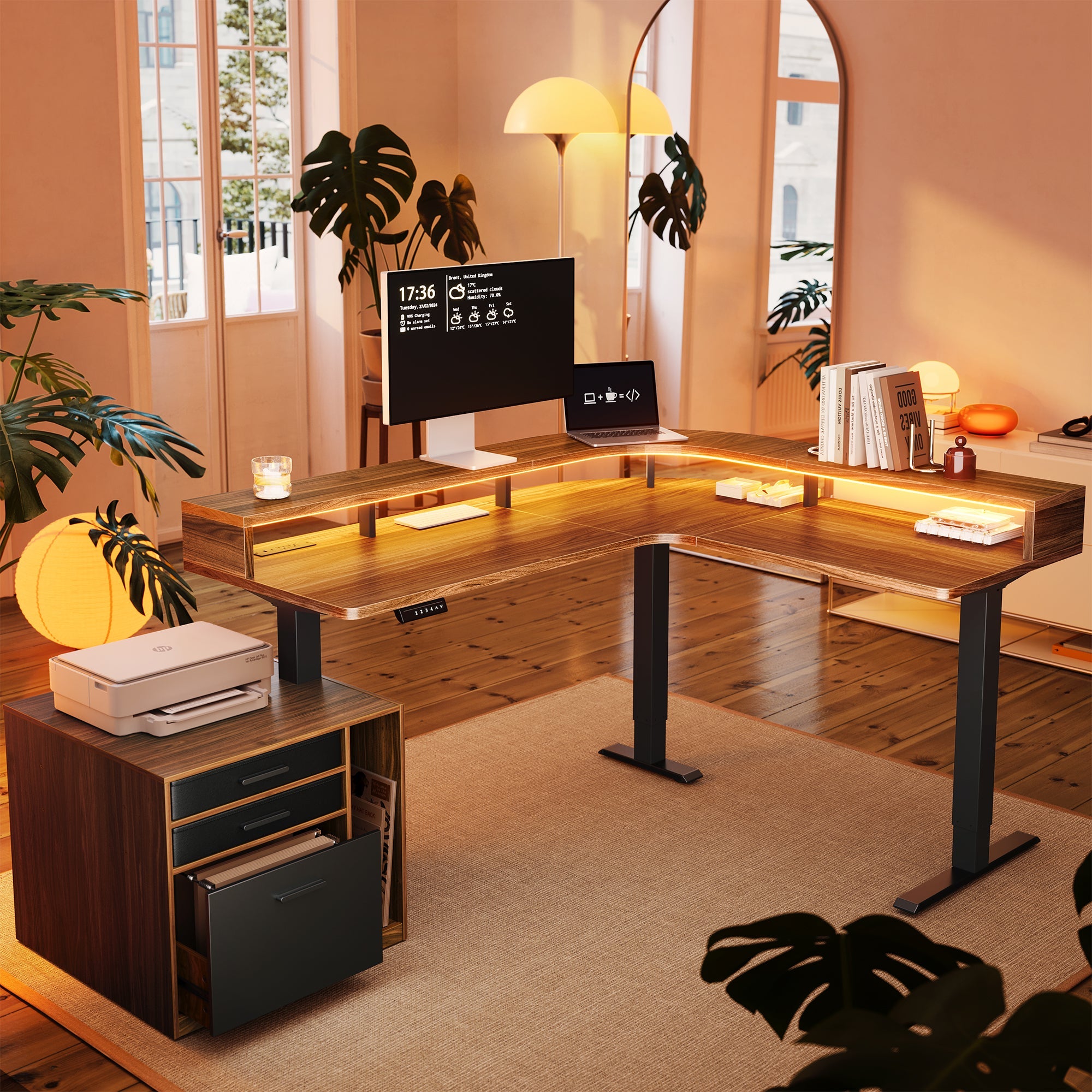 63" Electric L Shaped Stadning Desk with LED Strip & Cabinet - Walnut