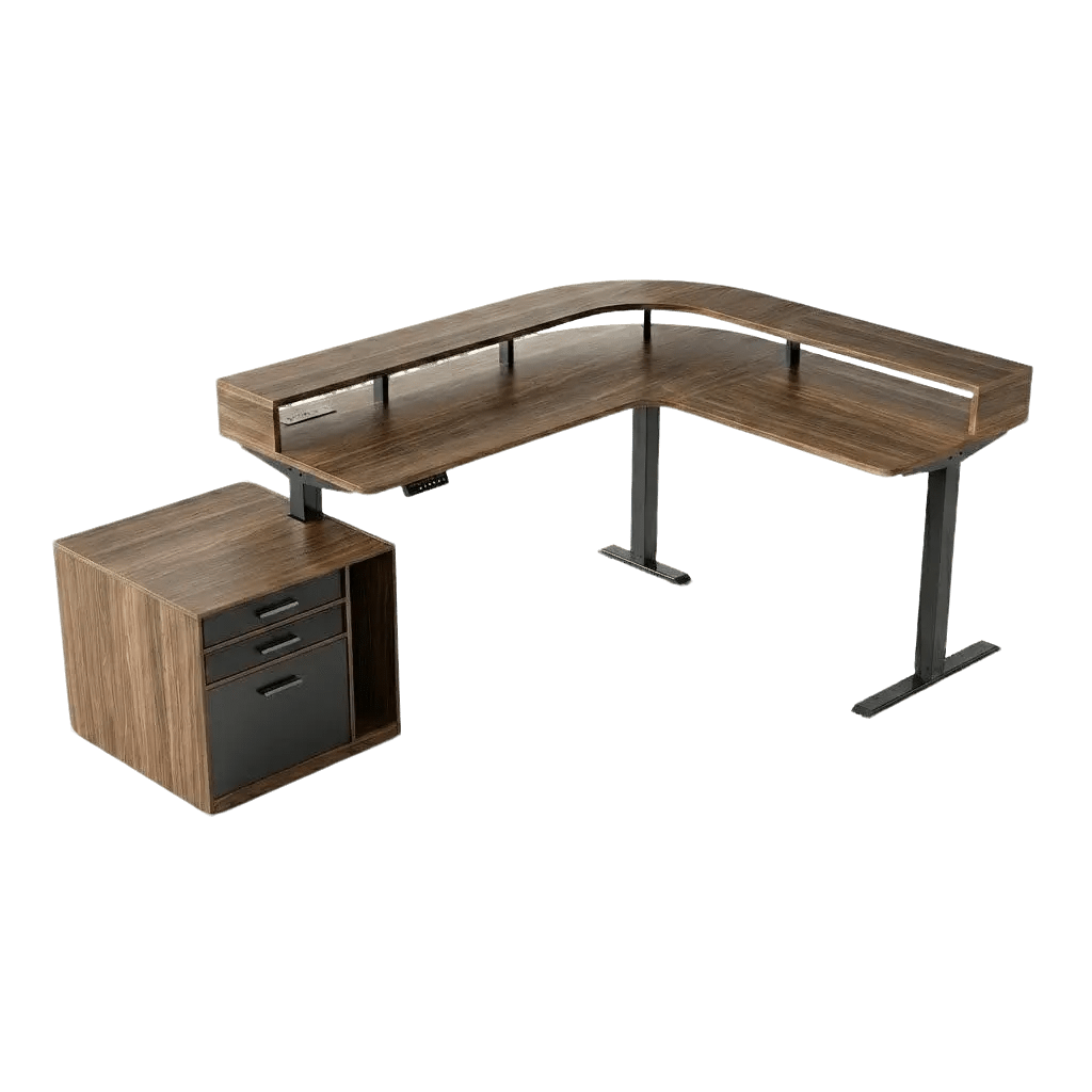 63" Electric L Shaped Stadning Desk with LED Strip & Cabinet - Walnut