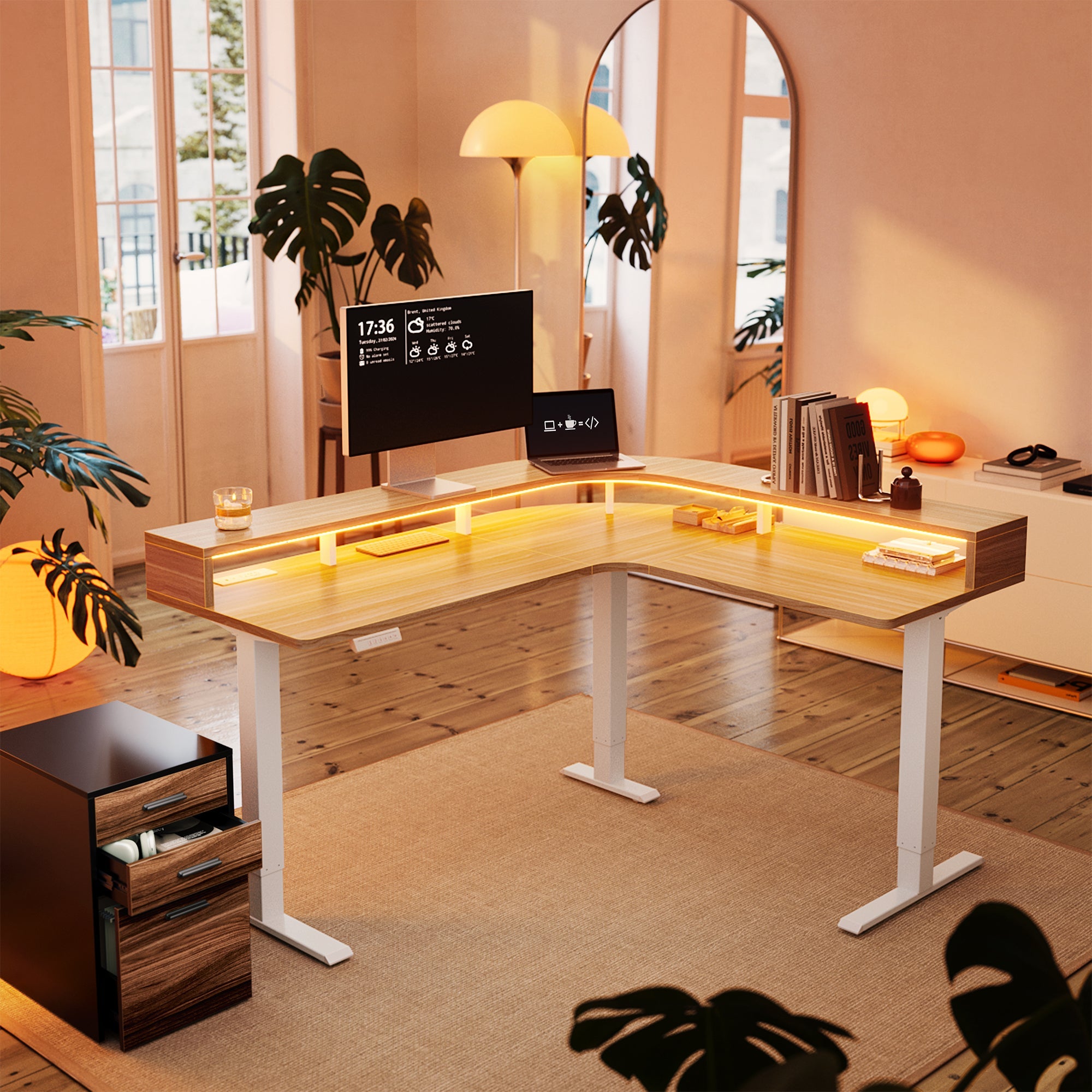 63" Electric L Shaped Stadning Desk with LED Strip - Light Walnut