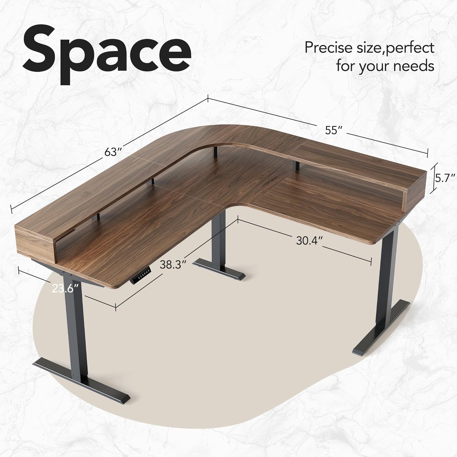 63" Electric L Shaped Stadning Desk with LED Strip - Walnut