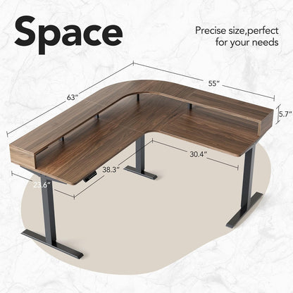 63" Electric L Shaped Stadning Desk with LED Strip - Walnut