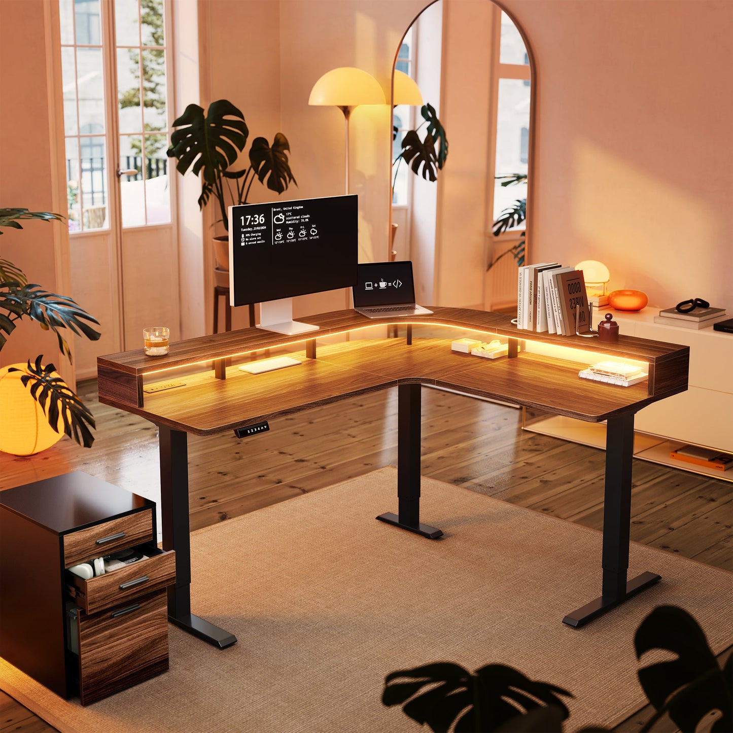 63" Electric L Shaped Stadning Desk with LED Strip - Walnut