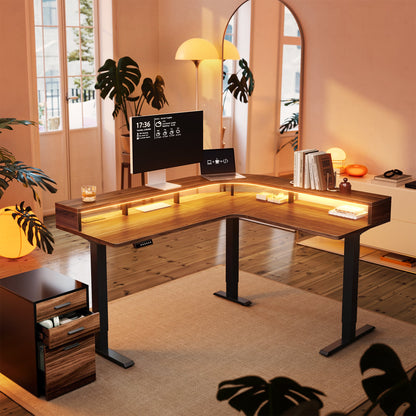 63" Electric L Shaped Stadning Desk with LED Strip - Walnut