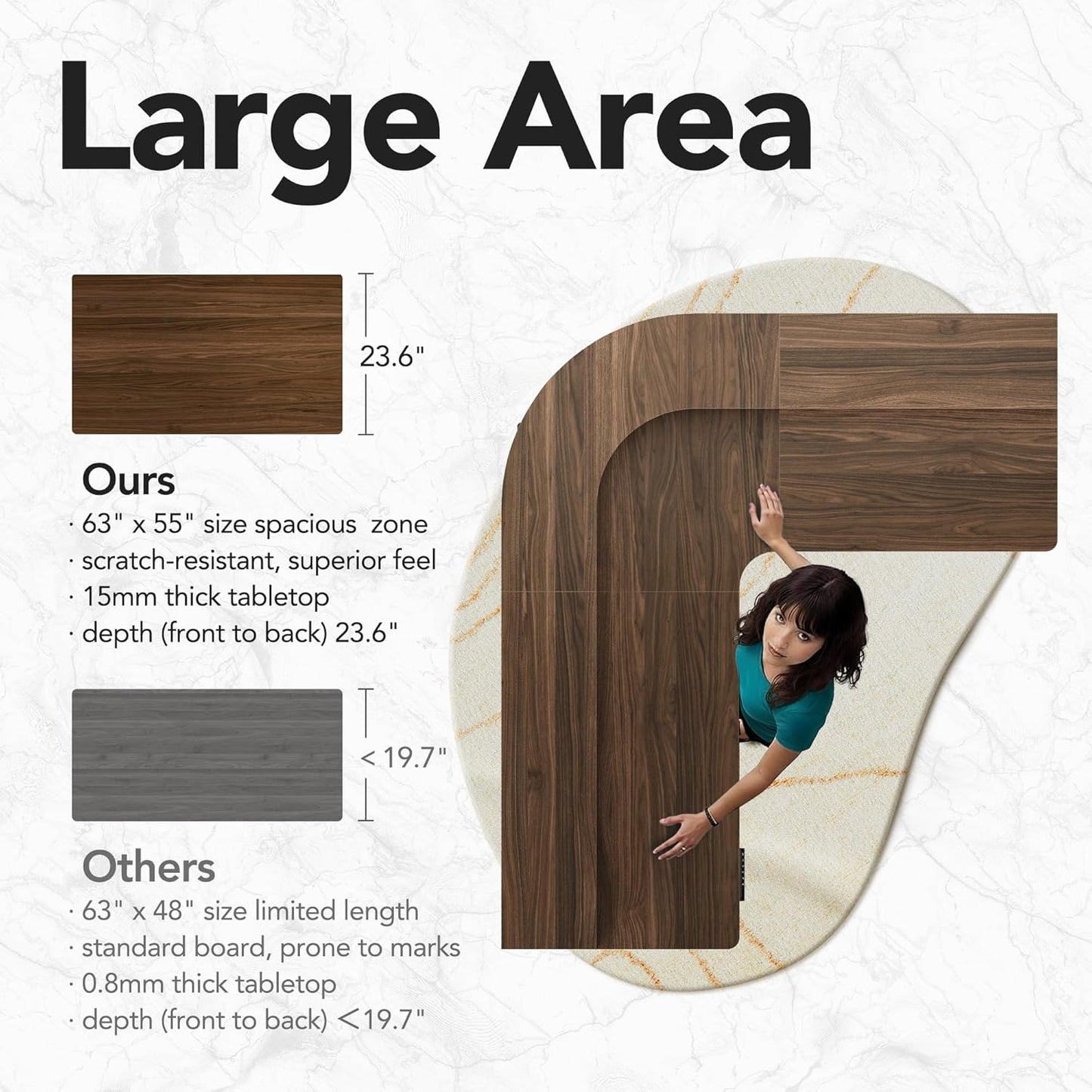 63" Electric L Shaped Stadning Desk with LED Strip - Walnut