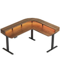 63" Electric L Shaped Stadning Desk with LED Strip - Walnut
