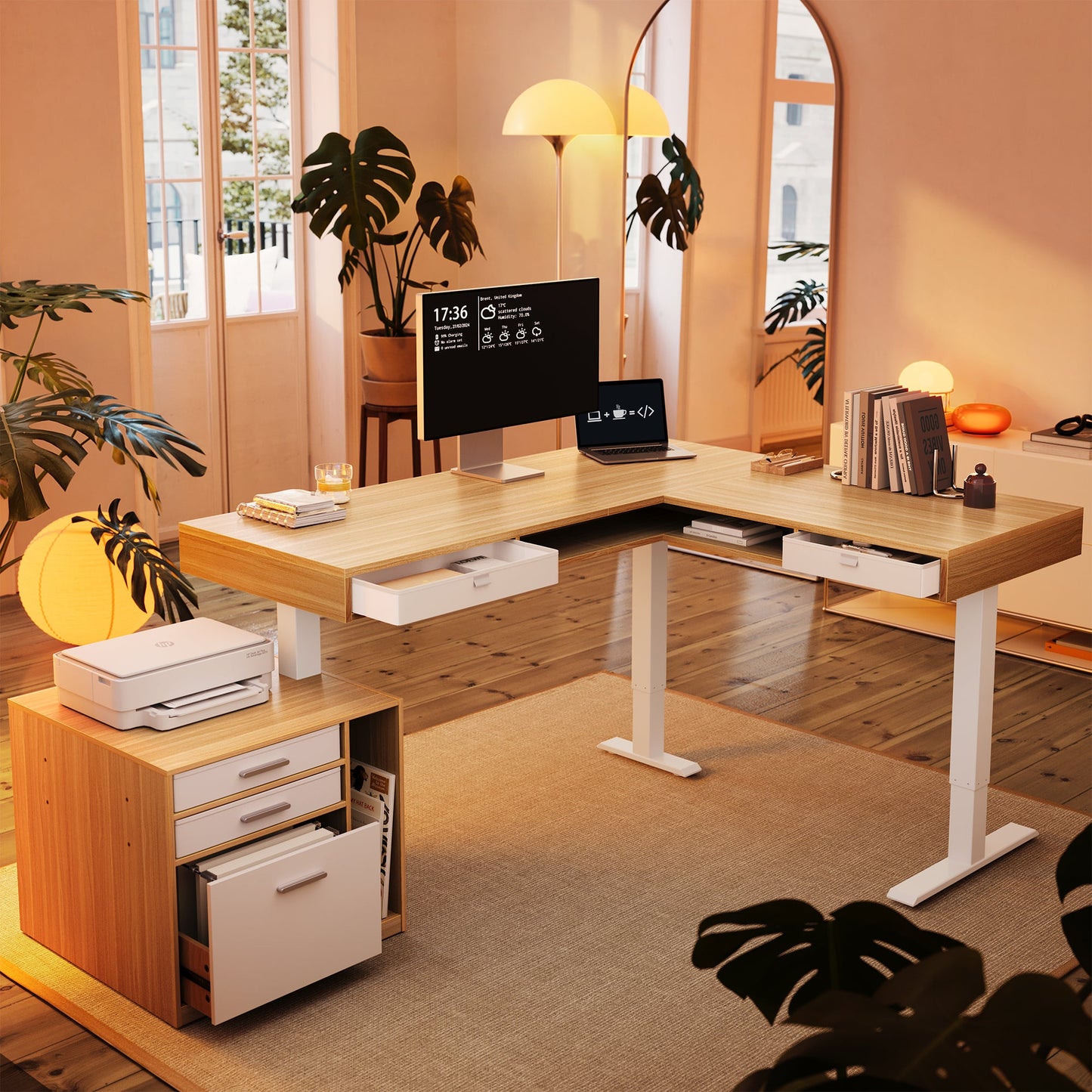 63" Electric L Shaped Standing Desk With 2 Under Desk Drawers & Cabinet - Light Walnut