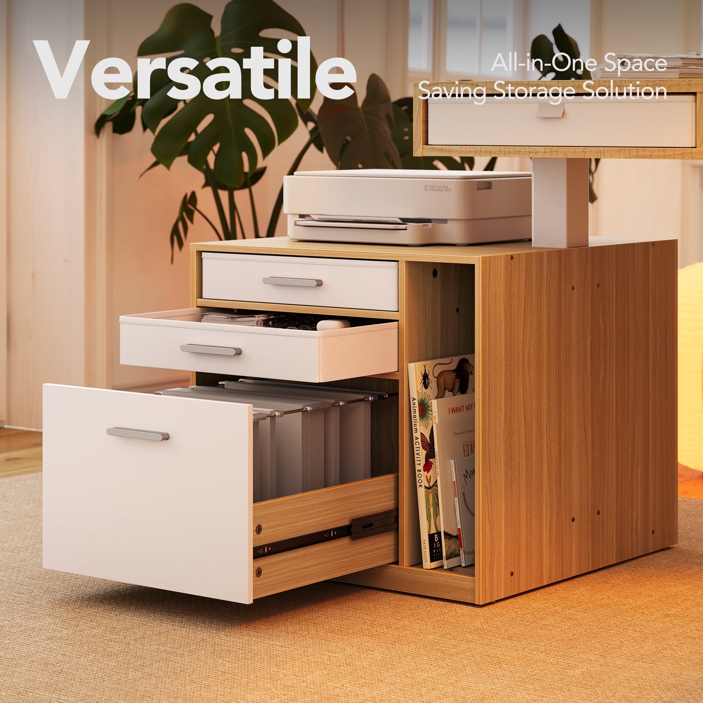 63" Electric L Shaped Standing Desk With 2 Under Desk Drawers & Cabinet - Light Walnut