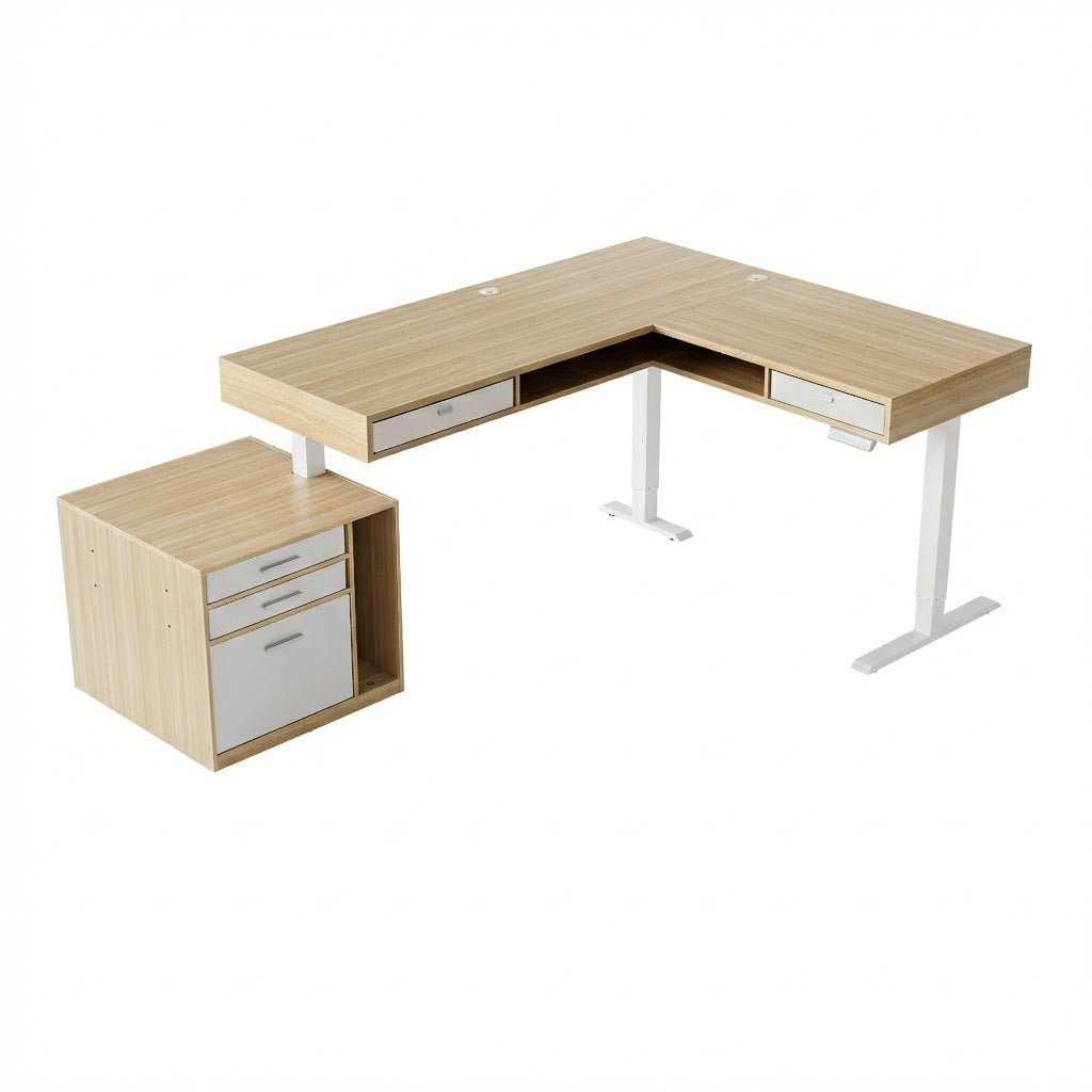 63" Electric L Shaped Standing Desk With 2 Under Desk Drawers & Cabinet - Light Walnut