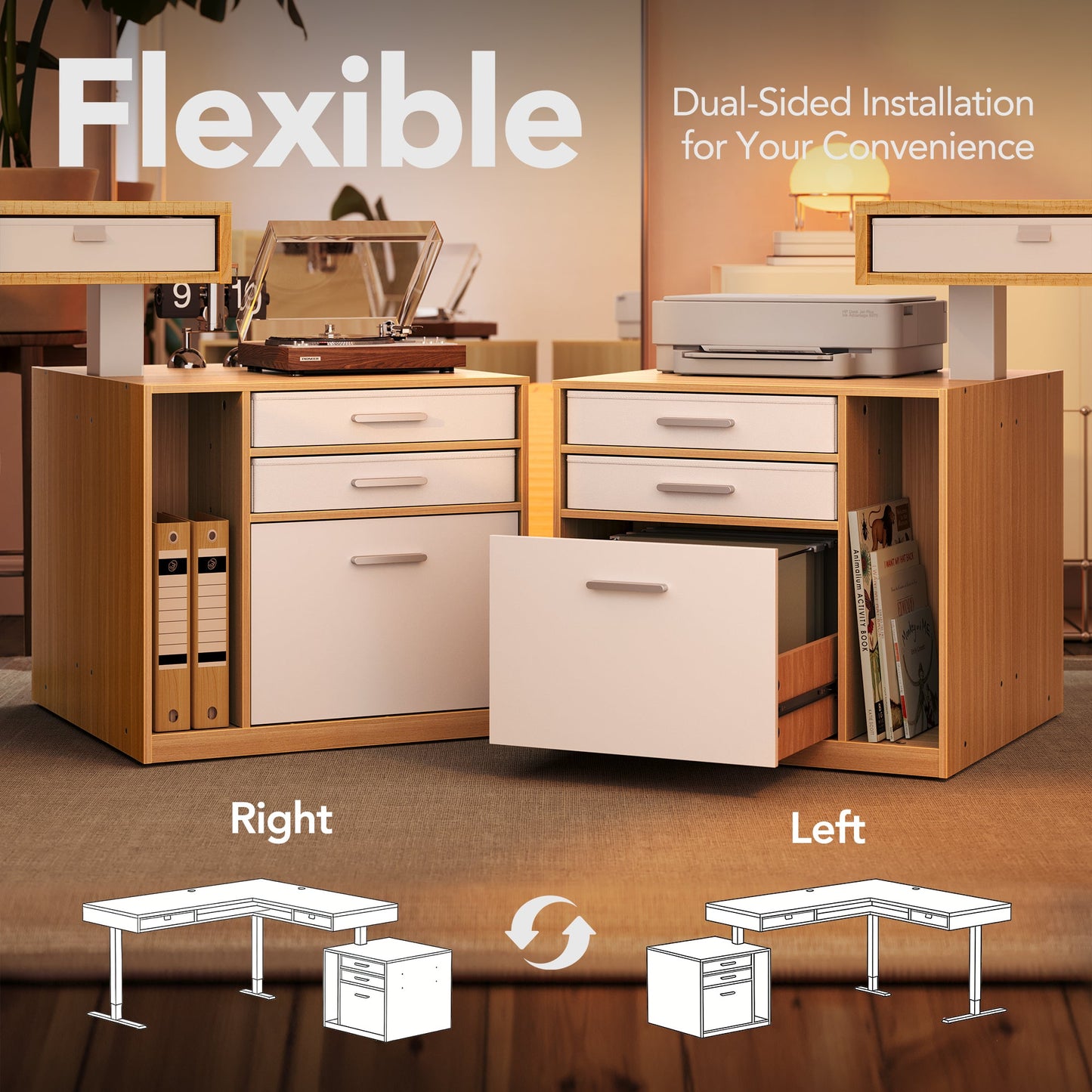 63" Electric L Shaped Standing Desk With 2 Under Desk Drawers & Cabinet - Light Walnut