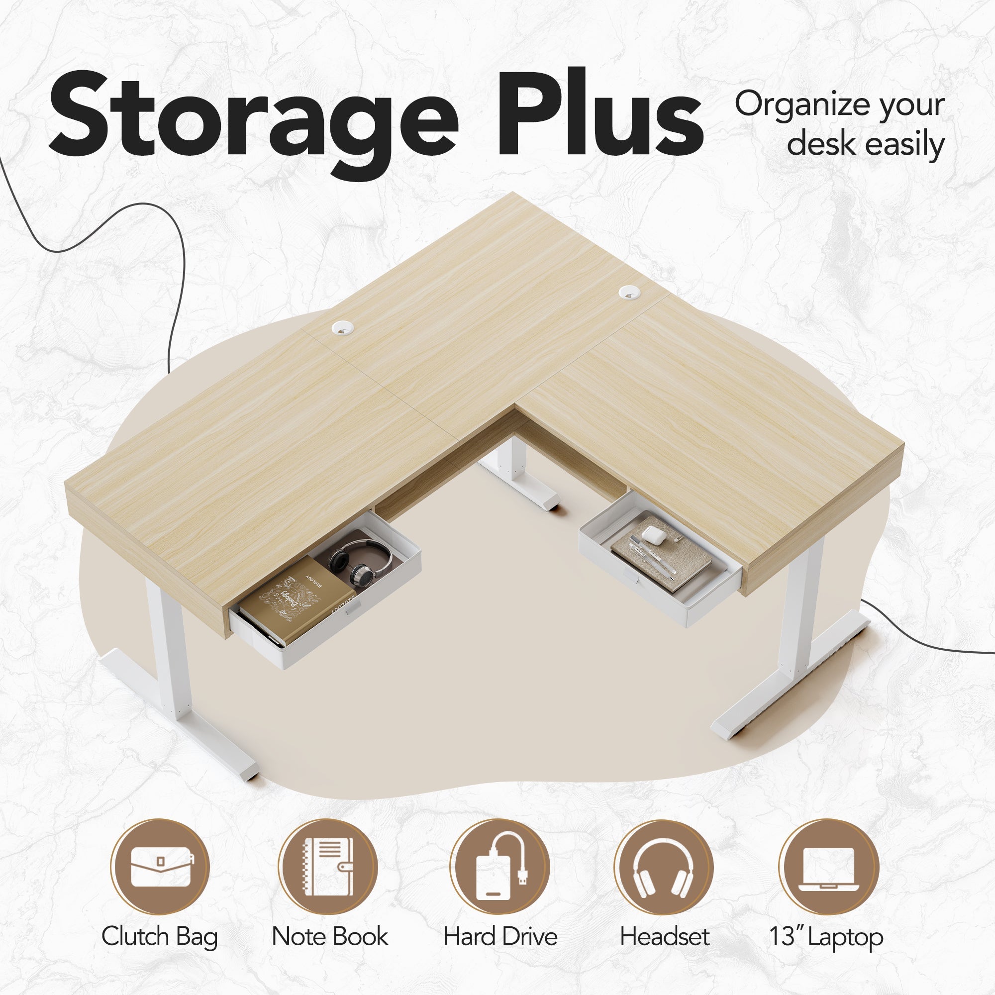 63" Electric L Shaped Standing Desk With 2 Under Desk Drawers & Cabinet - Light Walnut