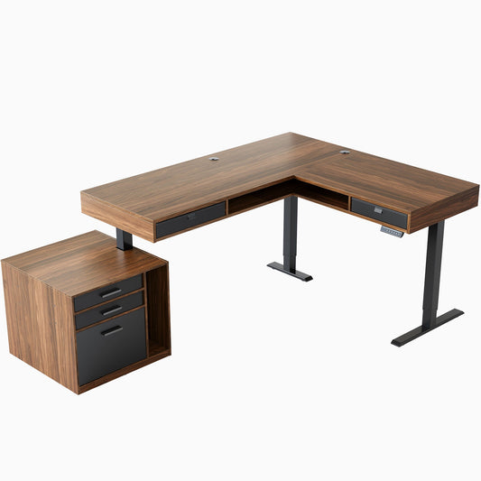 63" Electric L Shaped Standing Desk With 2 Under Desk Drawers & Cabinet - Walnut