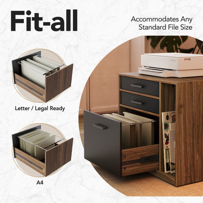 63" Electric L Shaped Standing Desk With 2 Under Desk Drawers & Cabinet - Walnut