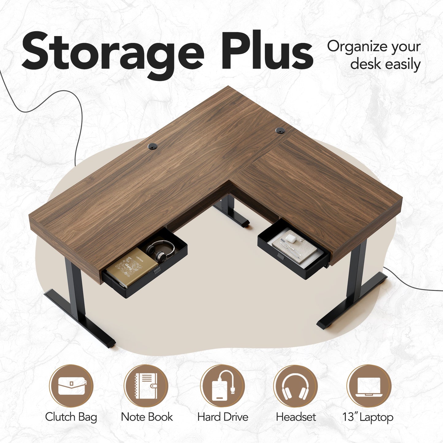 63" Electric L Shaped Standing Desk With 2 Under Desk Drawers & Cabinet - Walnut