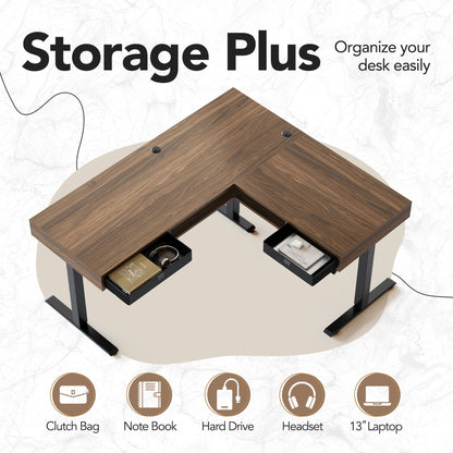 63" Electric L Shaped Standing Desk With 2 Under Desk Drawers & Cabinet - Walnut