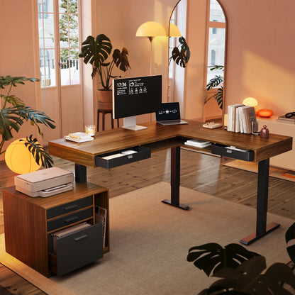 63" Electric L Shaped Standing Desk With 2 Under Desk Drawers & Cabinet - Walnut