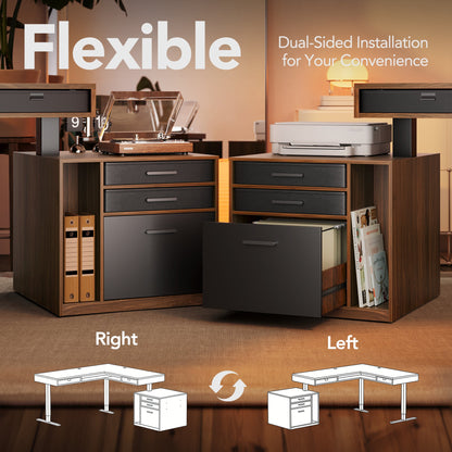 63" Electric L Shaped Standing Desk With 2 Under Desk Drawers & Cabinet - Walnut