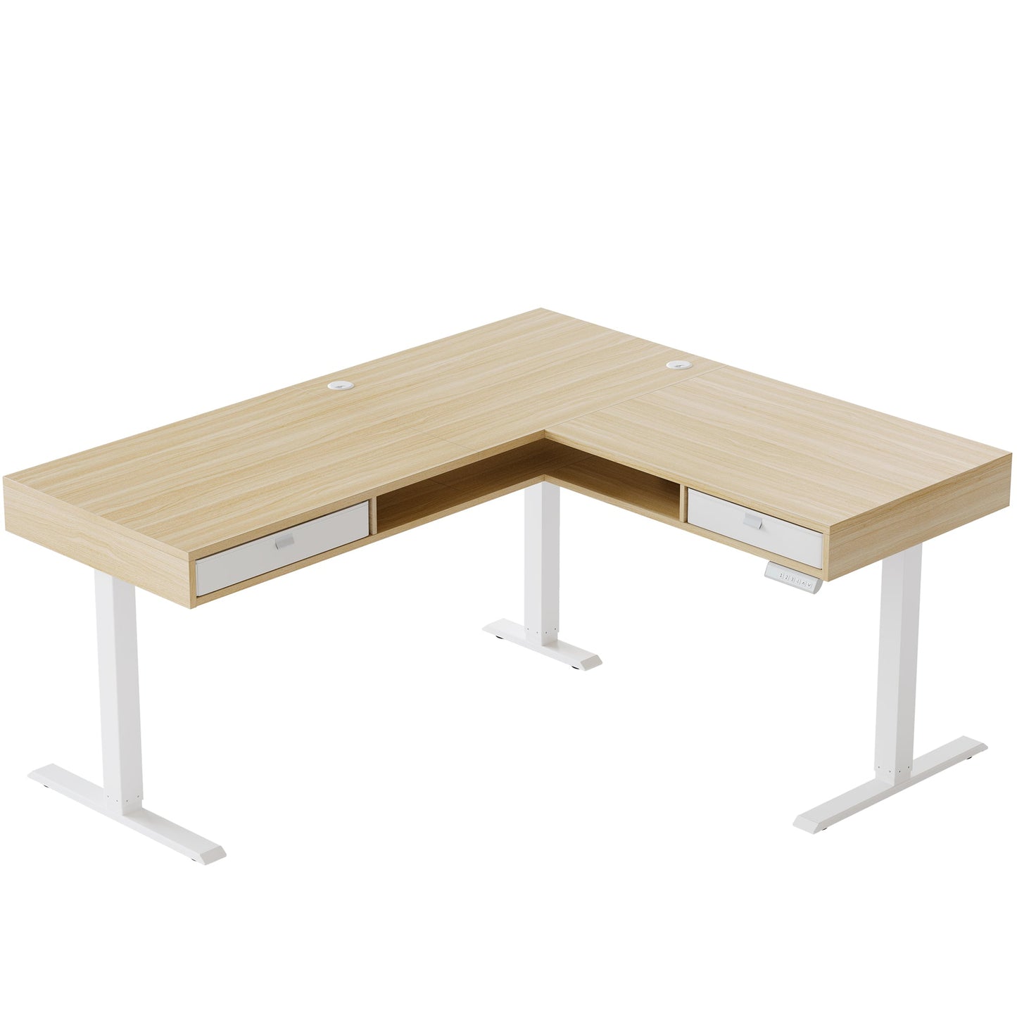 63" Electric L Shaped Standing Desk With 2 Under Desk Drawers - Light Walnut