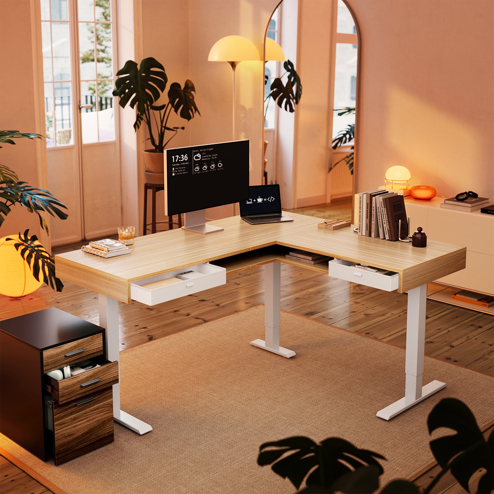63" Electric L Shaped Standing Desk With 2 Under Desk Drawers - Light Walnut
