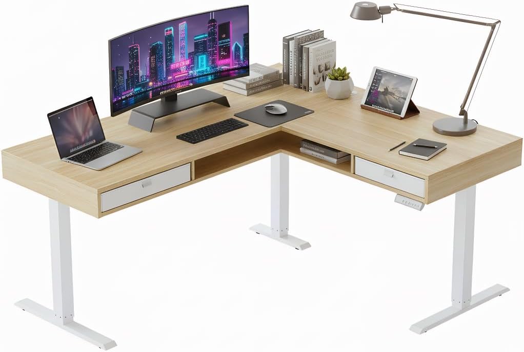 63" Electric L Shaped Standing Desk With 2 Under Desk Drawers - Walnut