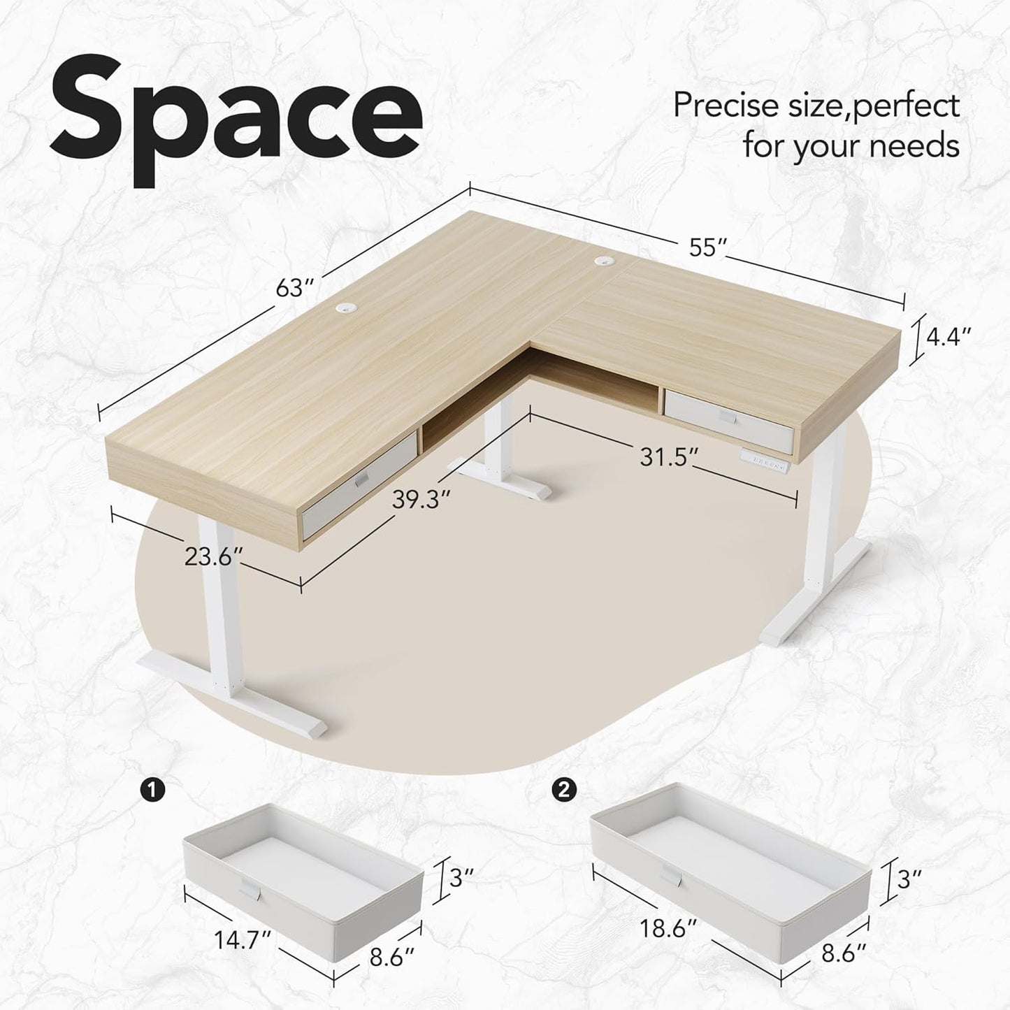 63" Electric L Shaped Standing Desk With 2 Under Desk Drawers - Walnut