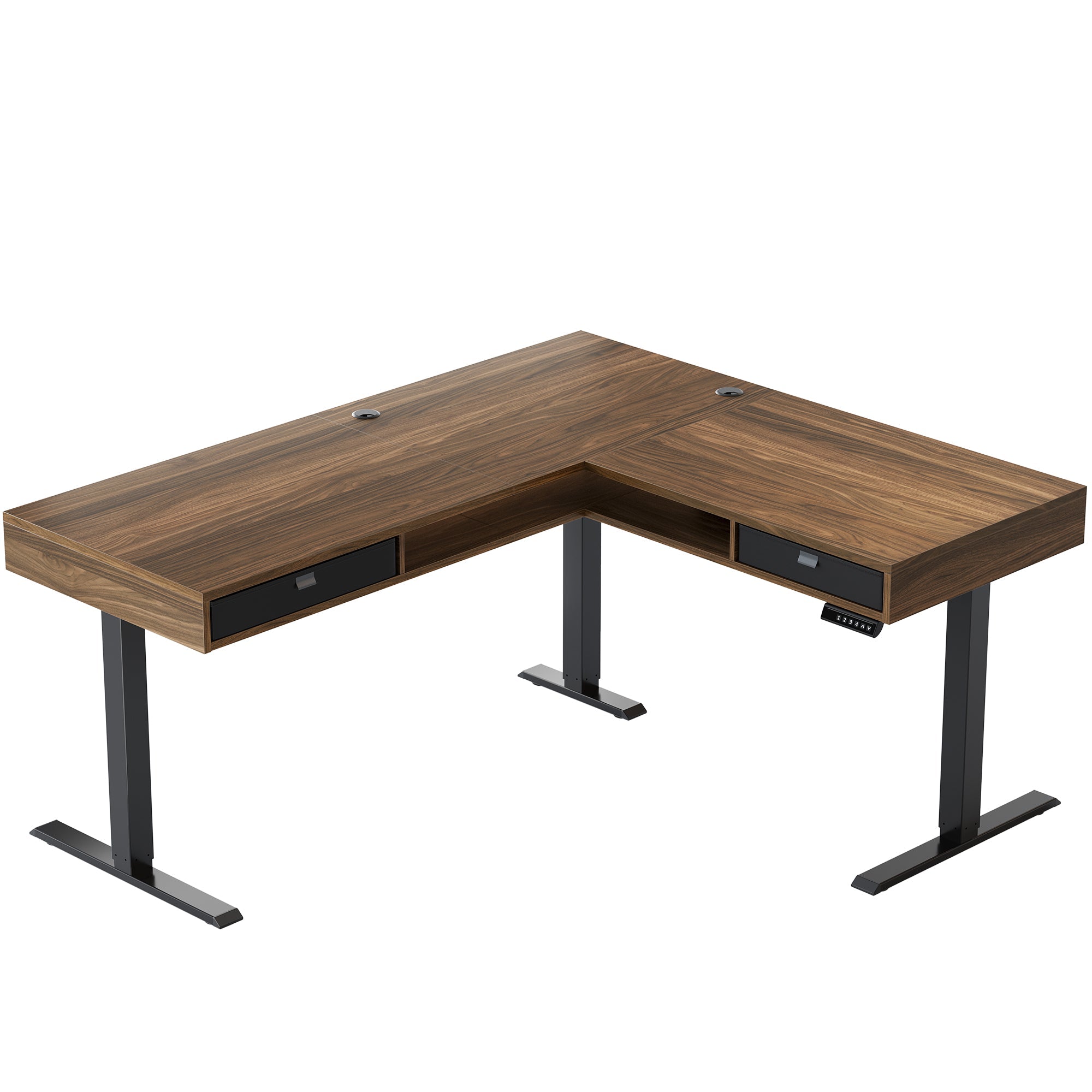 63" Electric L Shaped Standing Desk With 2 Under Desk Drawers - Walnut