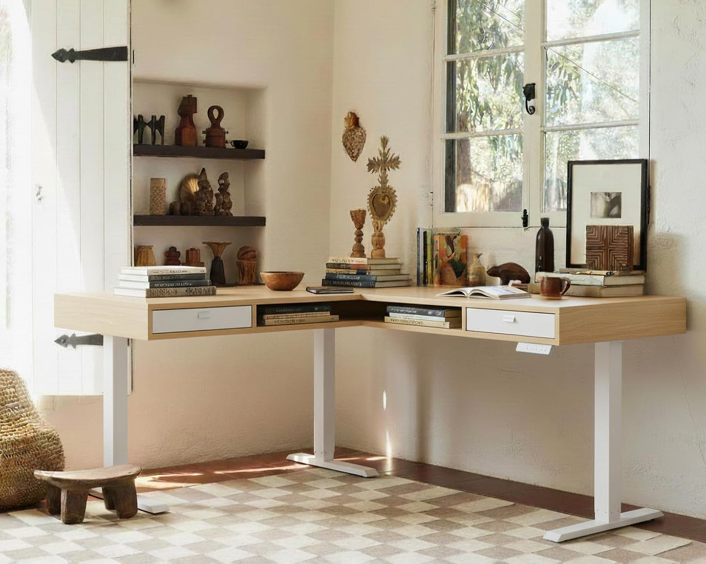 63" Electric L Shaped Standing Desk With 2 Under Desk Drawers - Walnut