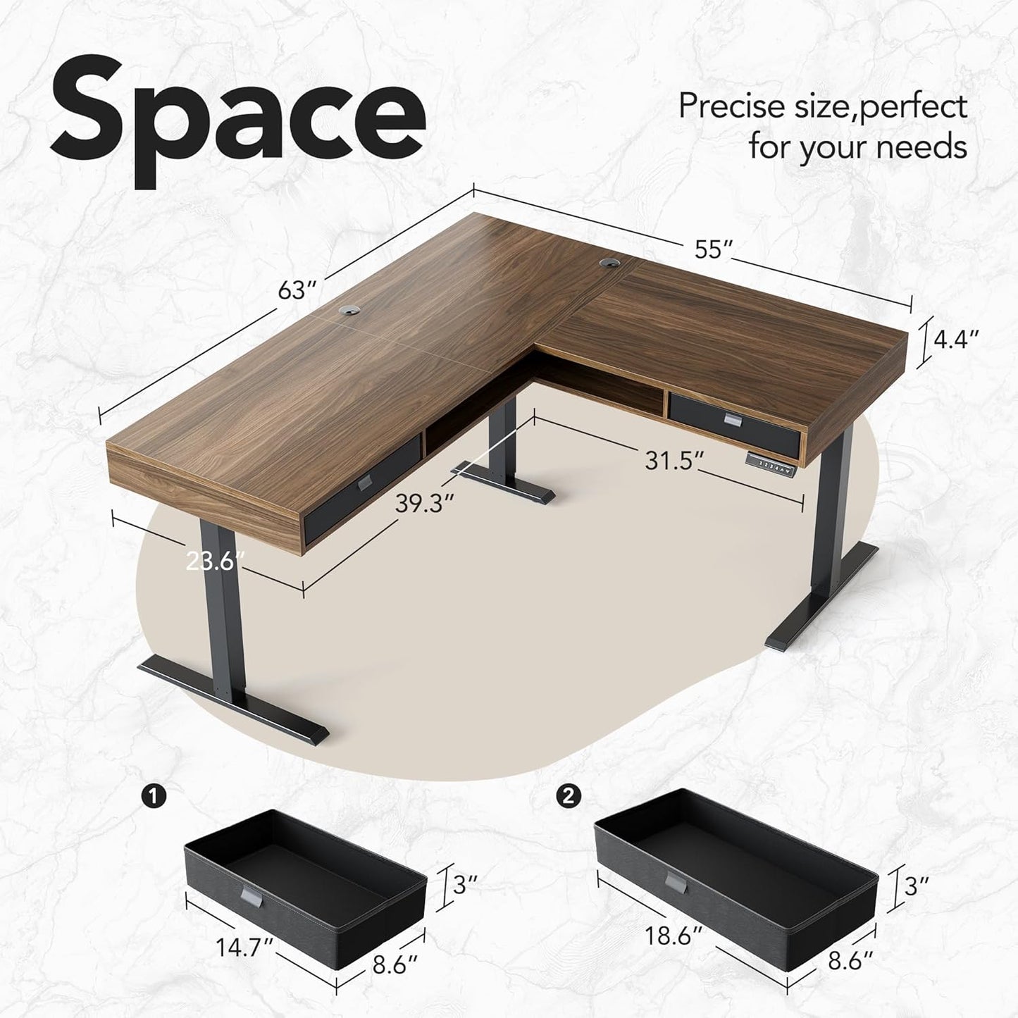 63" Electric L Shaped Standing Desk With 2 Under Desk Drawers - Walnut